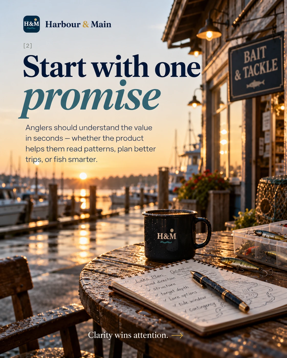 Start with one promise. Help anglers understand how the product helps them read patterns, plan better trips or fish smarter.