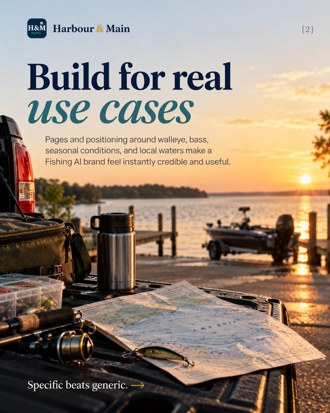 Build for real use cases. Pages and positioning around walleye, bass, seasonal conditions and local waters make a fishing AI brand useful.