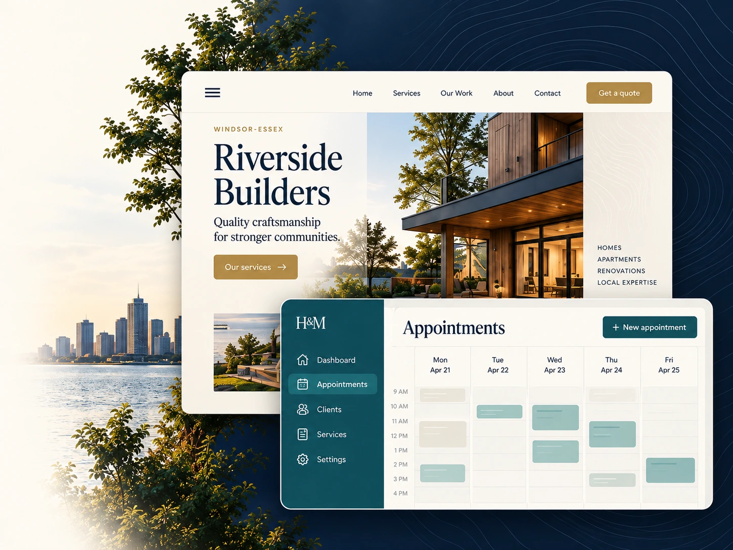 Illustrative Riverside Builders website beside a teal appointments calendar, with a waterfront home and Windsor skyline