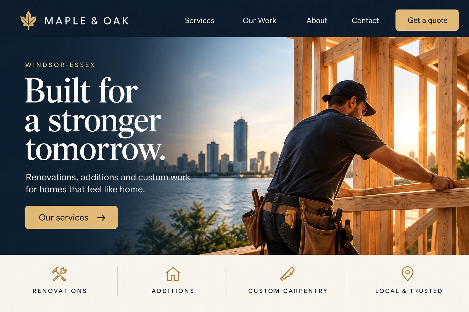 Maple and Oak website concept: navy and gold design featuring a carpenter building a timber home