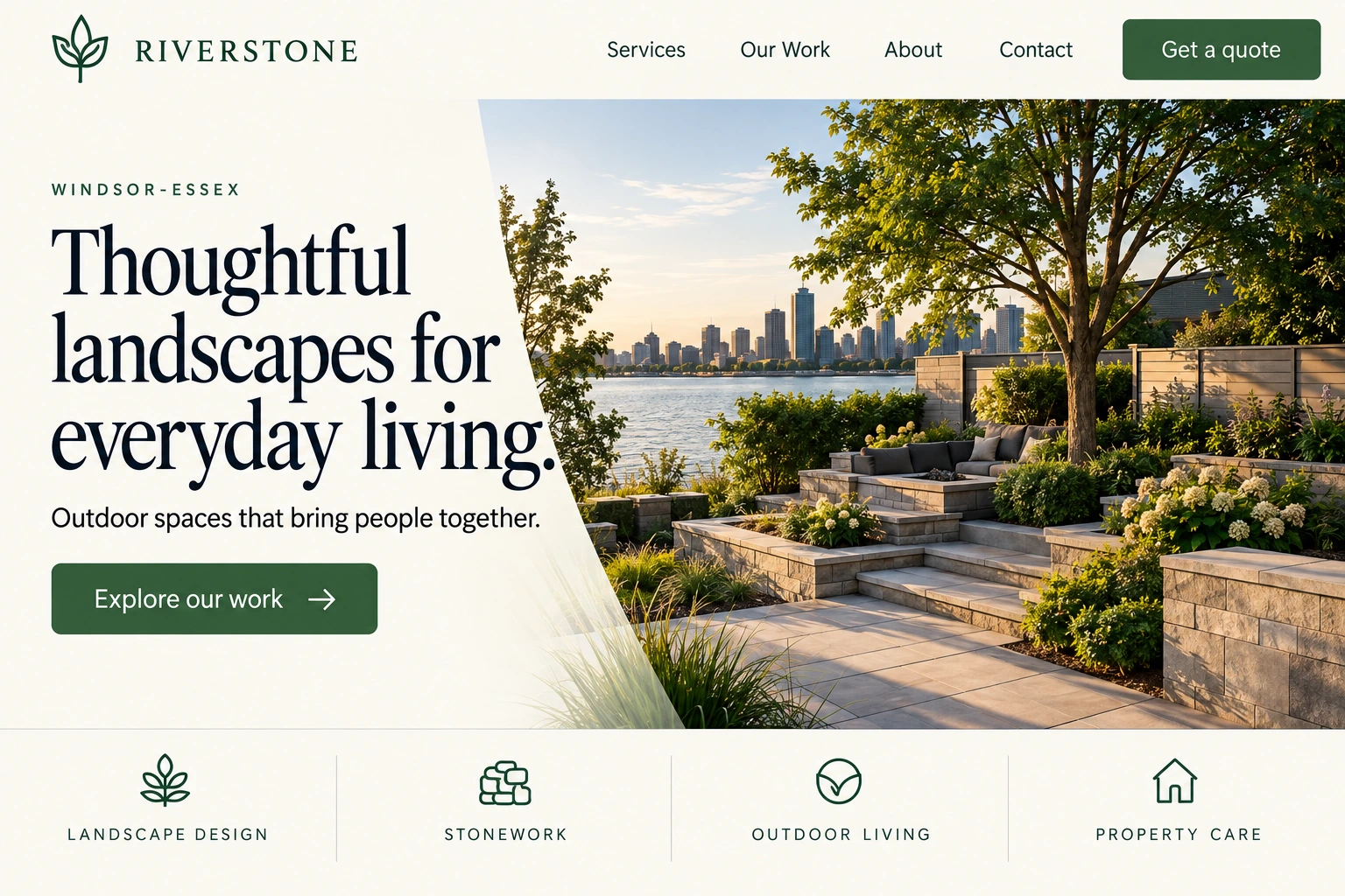 Riverstone website concept: ivory and green design featuring a landscaped waterfront garden